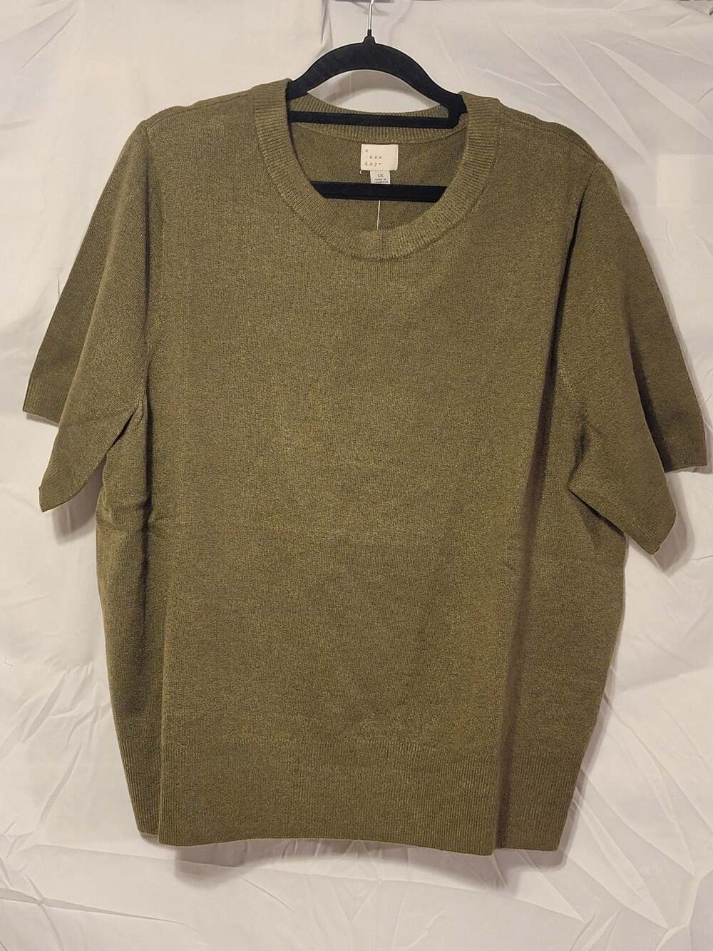 A New Day Women's Short Sleeve Cozy Knit Sweater Green Sz 1X